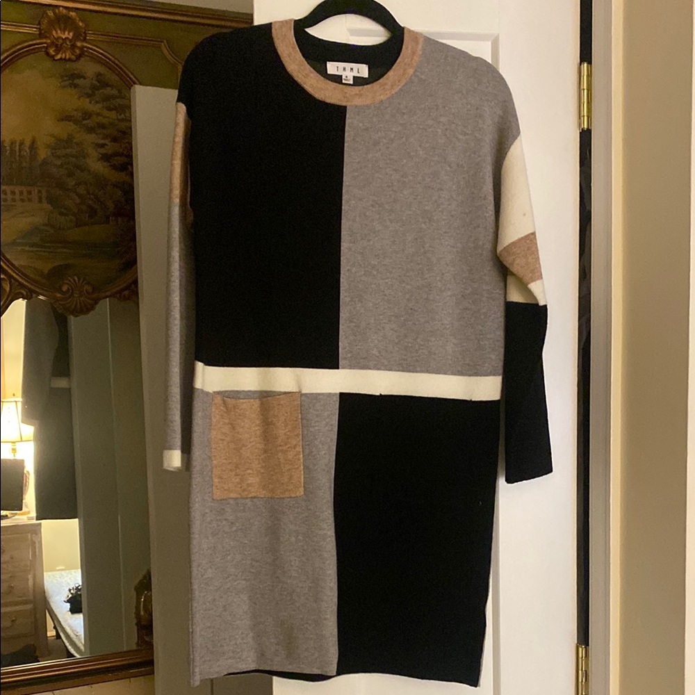 THML Color Block Long Sleeve Dress - Black, Gray, Tan